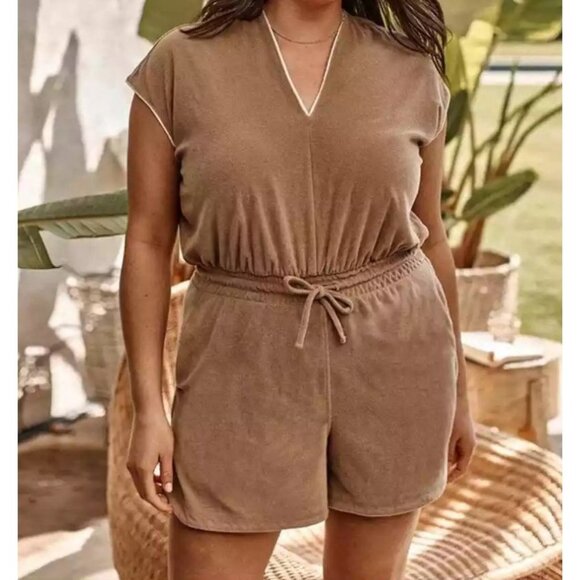 Summersault V-Neck Terry Romper‎ Brown Elastic Drawstring Waist Brown Size Large - Picture 1 of 9